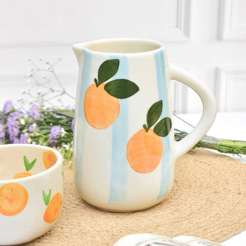 Blue Striped Orange Ceramic Pitcher