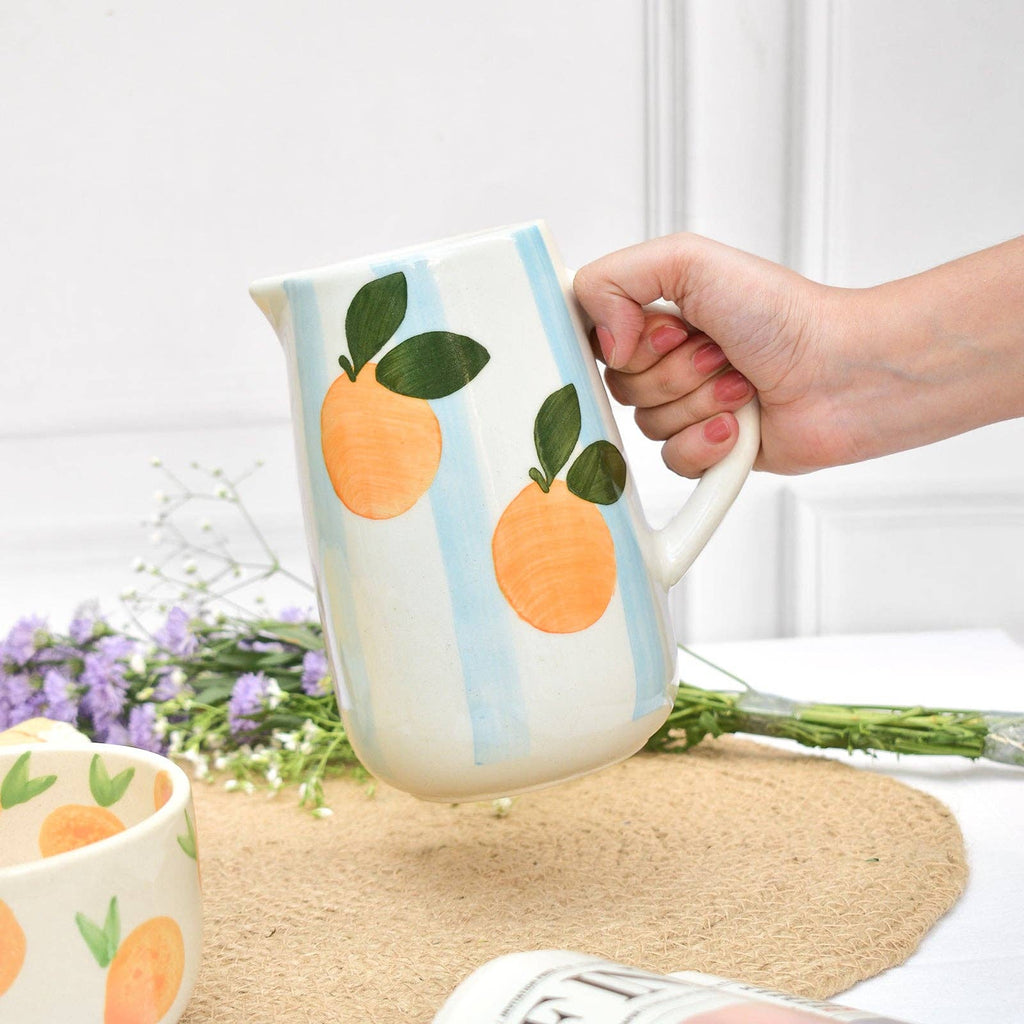 Blue Striped Orange Ceramic Pitcher